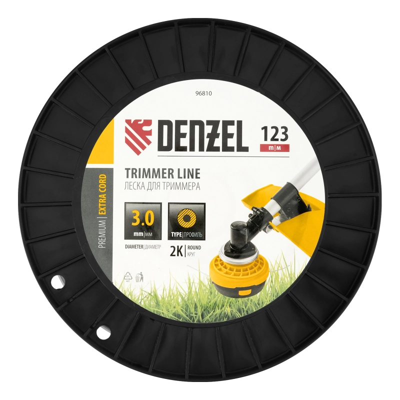 Леска для триммера двухкомпонентная круглая, 3,0мм х 123м, на DIN катушке EXTRA CORD Denzel (96810)