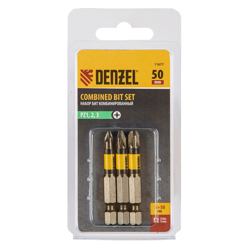 Набор бит комбинированный 3 шт., PZ1, PZ2, PZ3, 50 мм, сталь S2 Denzel (11677)