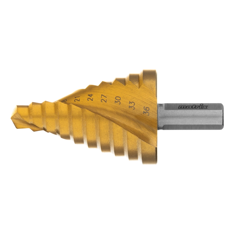 Сверло ступенчатое, 9-12-15-18-21-24-27-30-33-36 мм, HSS, спиральный профиль, трехгранный хвостовик Matrix (72358)