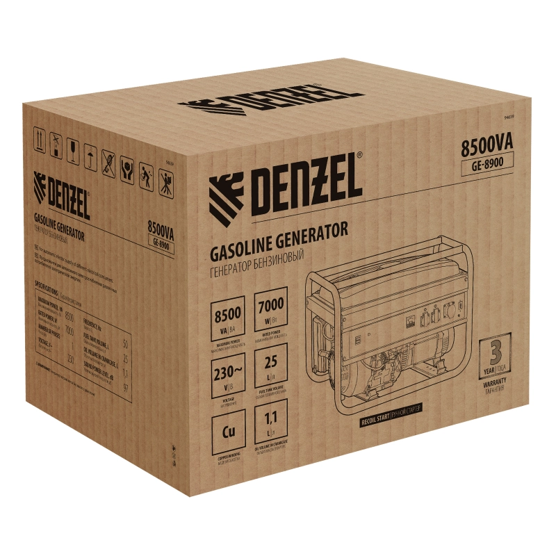 Генератор бензиновый GE 8900, 8.5 кВт, 220 В/50 Гц, 25 л, ручной старт Denzel (94639)