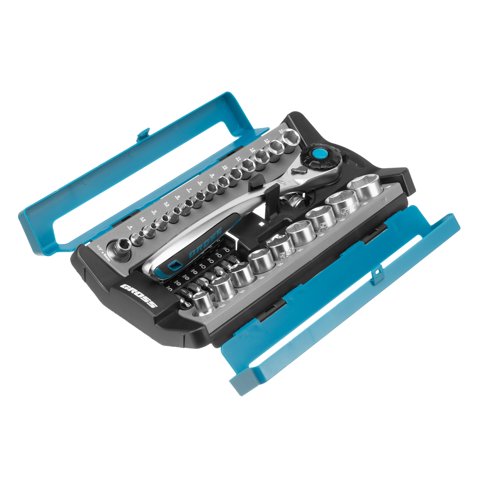 Набор торцевых головок, трещотка 120 зубьев, 1/2", 1/4", CrV, 41 предмет Gross (14143)