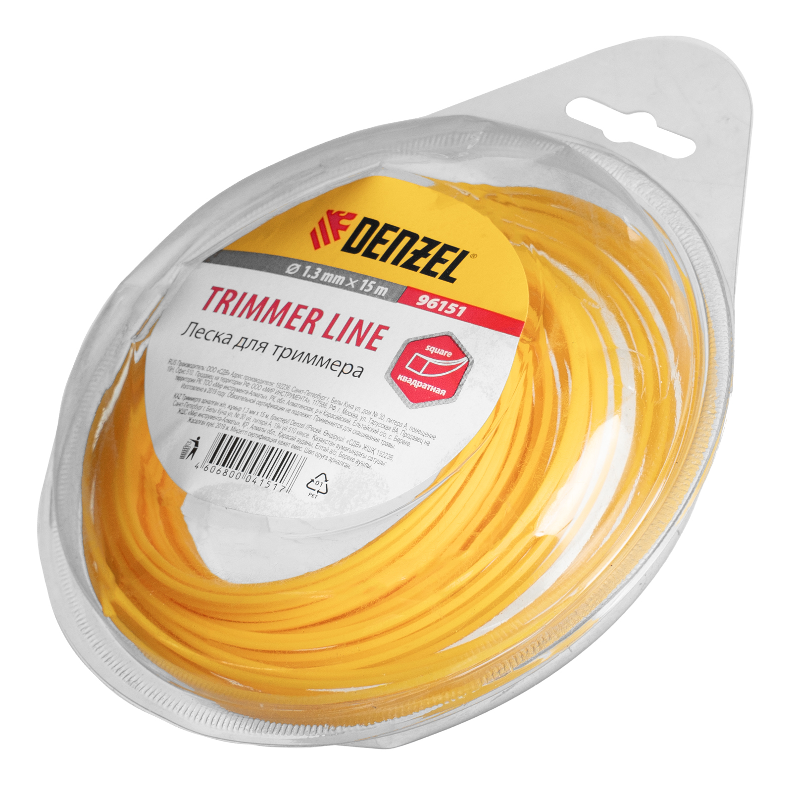 Леска для триммера квадратная, 1.3 мм х 15 м Denzel (96151)
