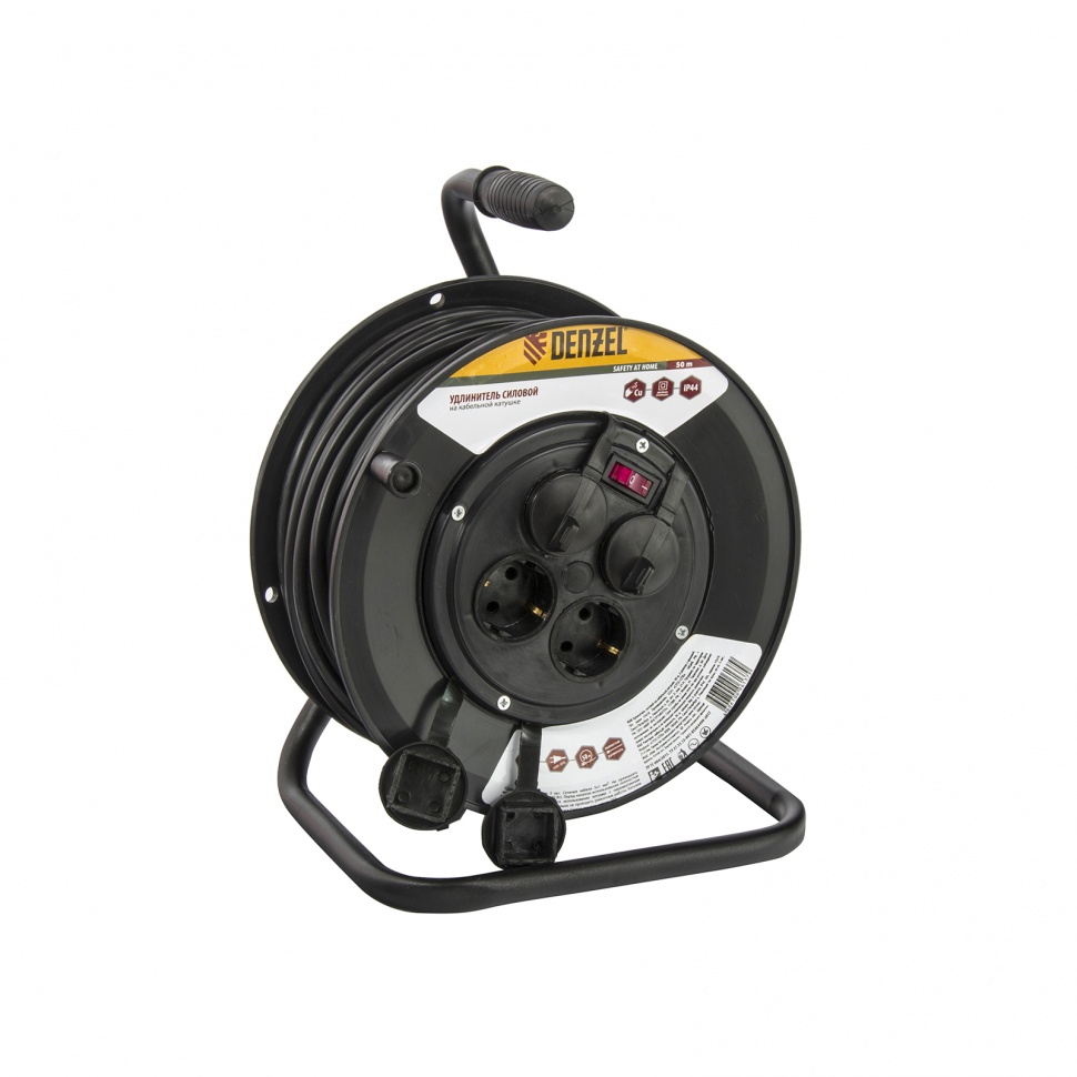 Удлинитель силовой на кабельной катушке, 50 м, 4 розетки с крышкой, IP44, 16 А, серия УХз16 Denzel (95908)