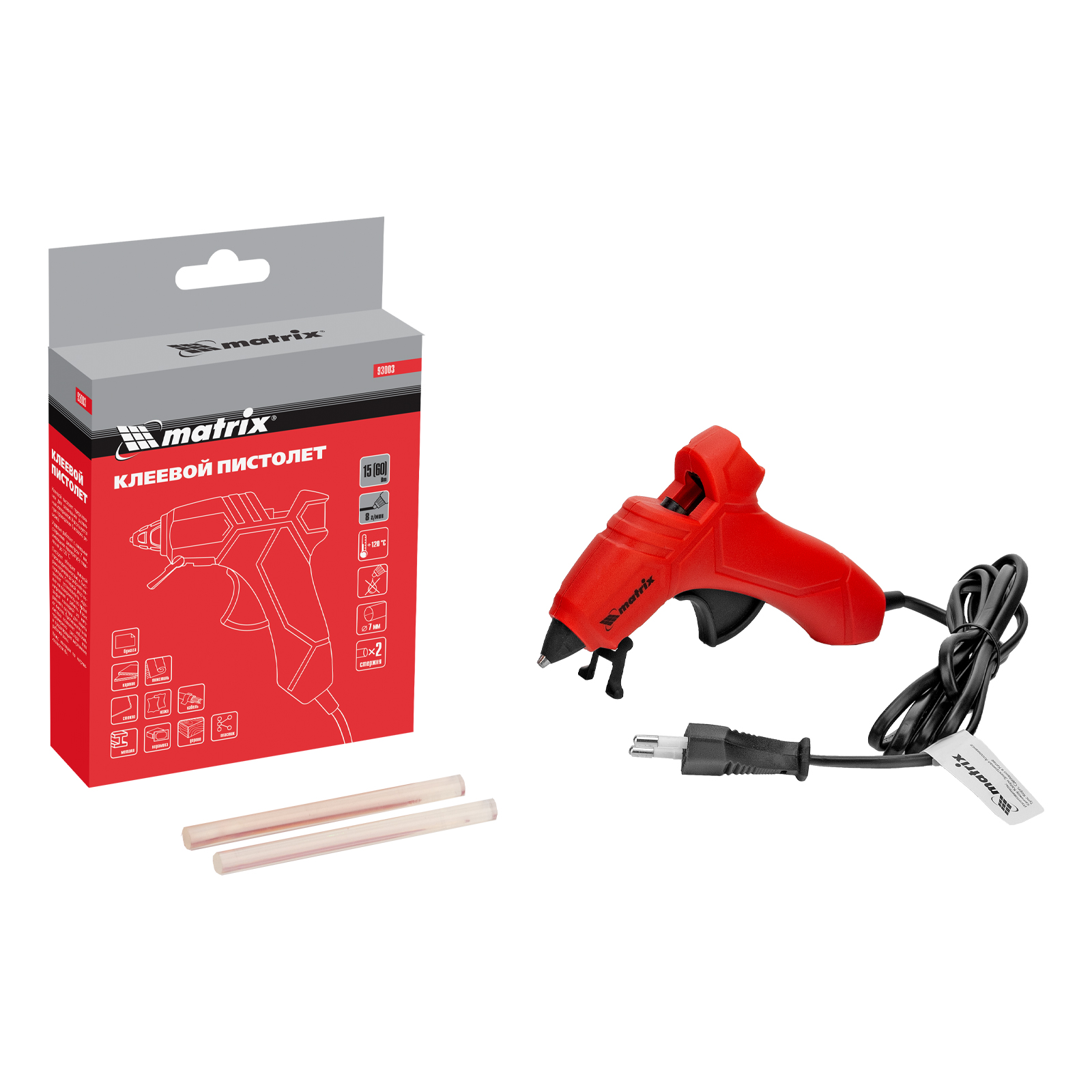 Клеевой пистолет, 7 мм, 15 (60) Вт, 8 г/мин Matrix (93003)