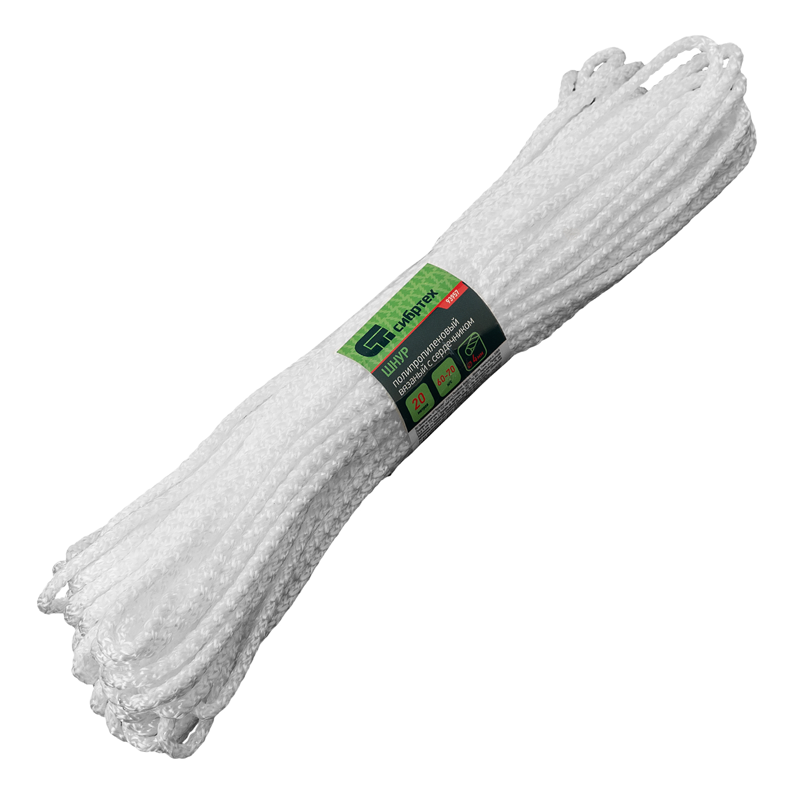 Шнур вязаный полипропиленовый с серд. белый, 4 мм, L 20 м, Сибртех (93957)