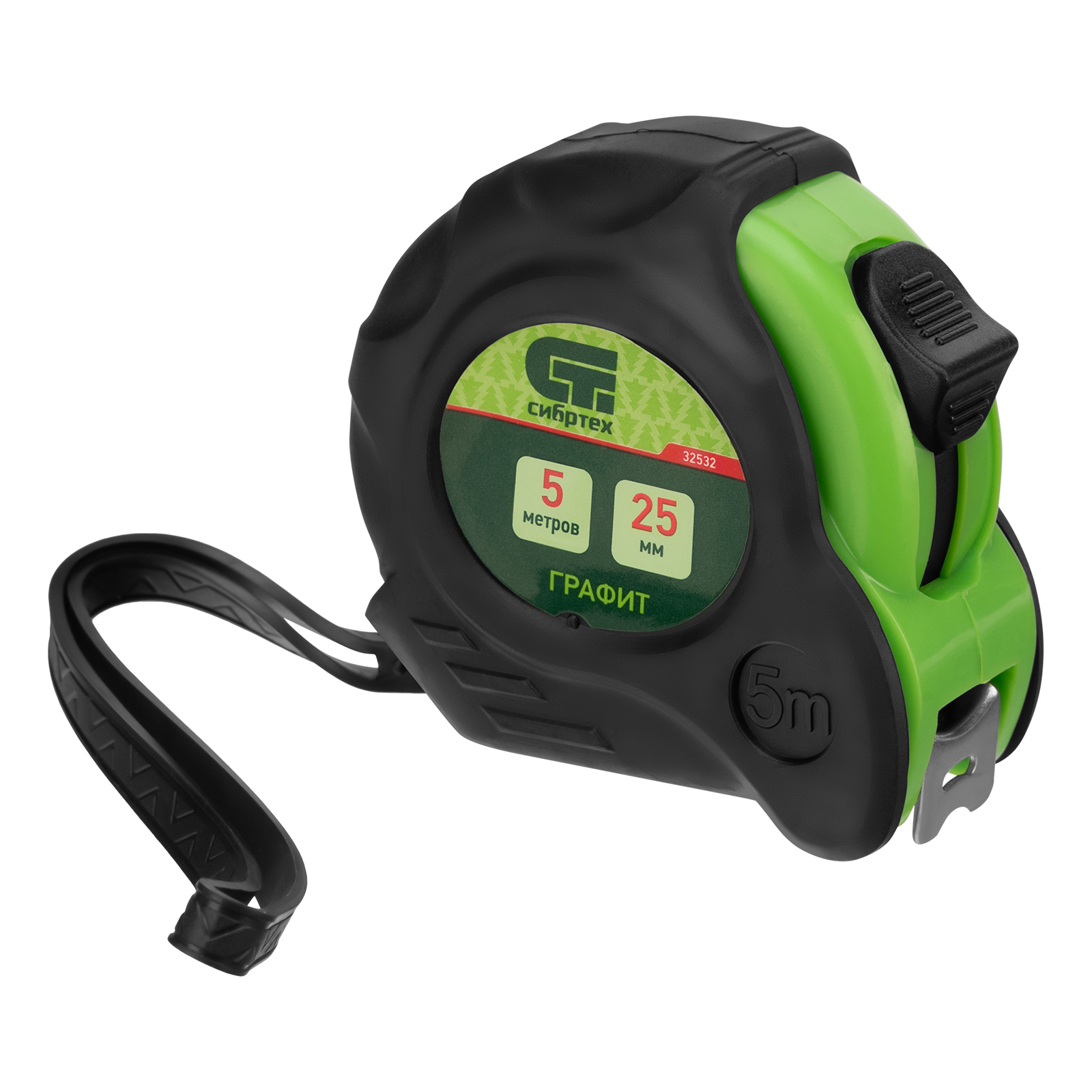 Рулетка Графит,обрезиненный корпус,амортизатор,5 м х 25 мм Сибртех (32532)
