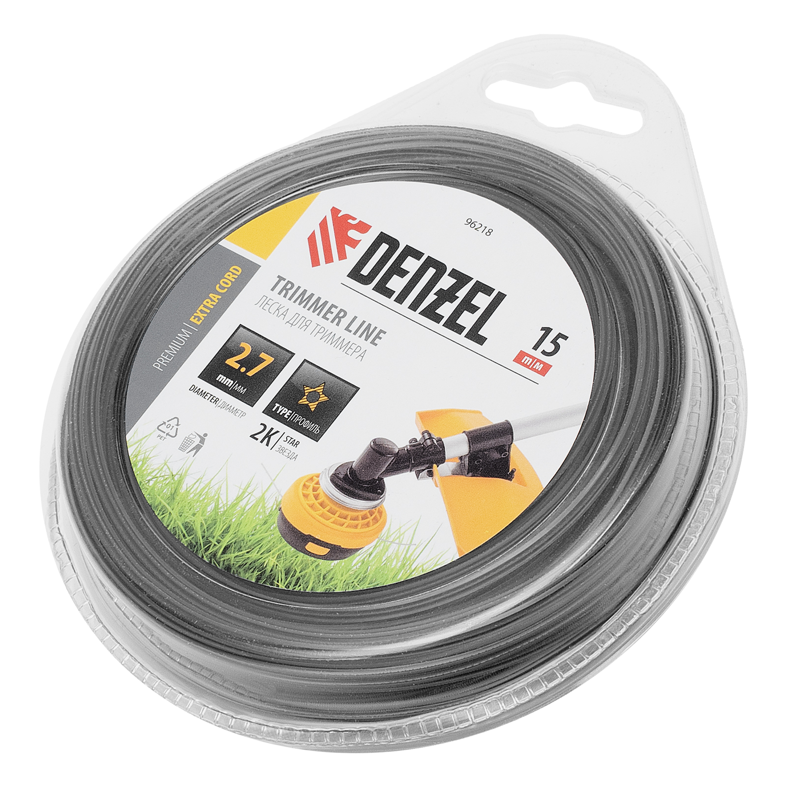 Леска для триммера двухкомпонентная звезда, 2,7мм х 15м, блистер EXTRA CORD Denzel (96218)