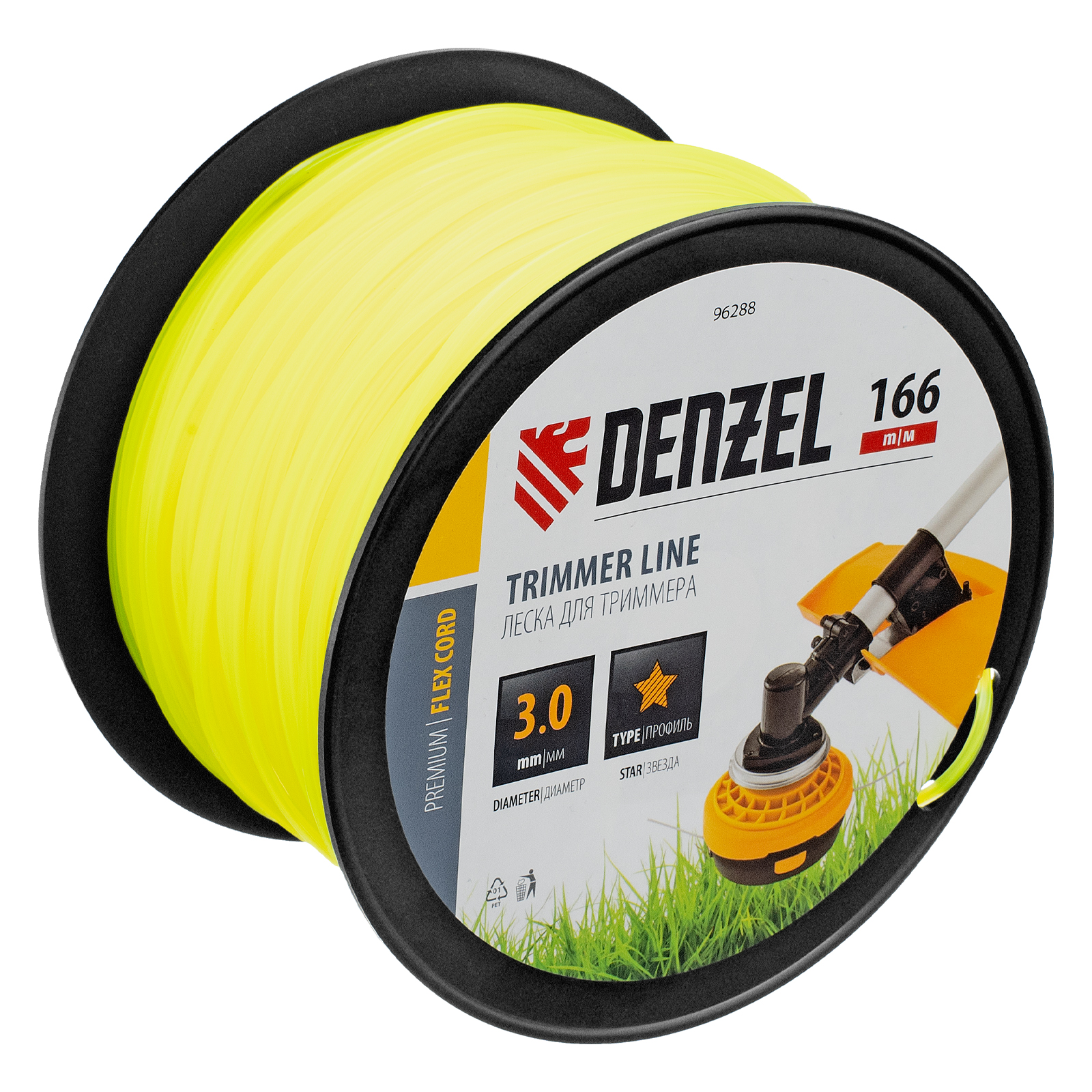 Леска для триммера звезда, 3,0мм х 166м, на DIN катушке FLEX CORD Denzel (96288)