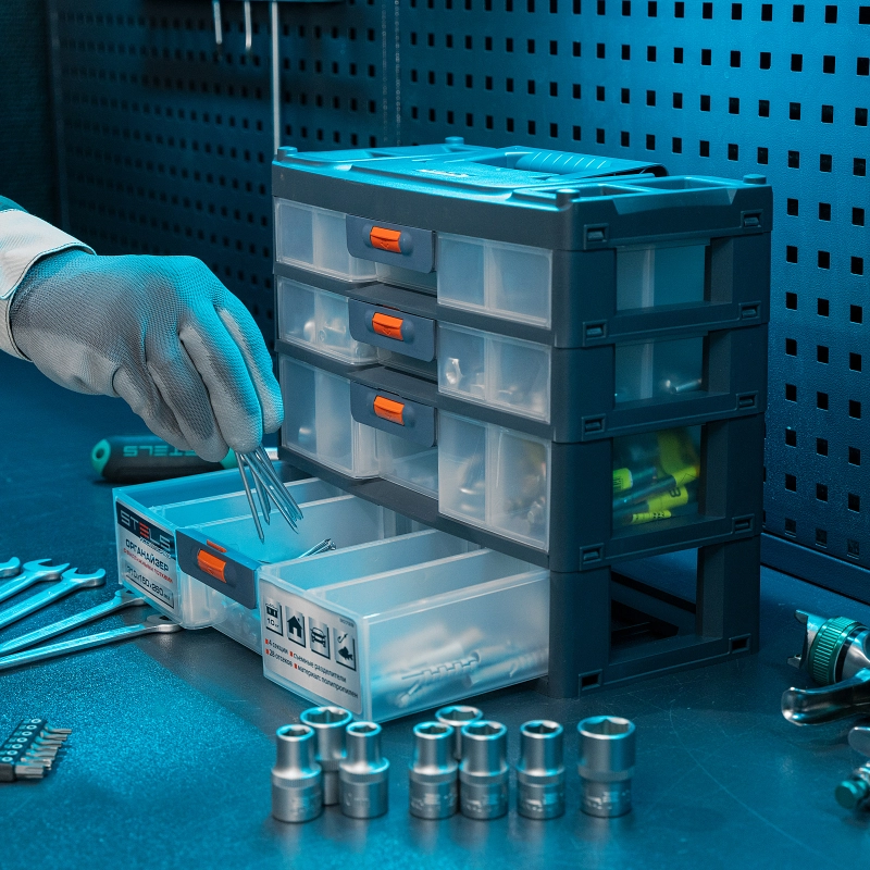 Органайзер для хранения с выдвижными лотками 310х150х260мм, 4 секции, пластик Stels (90728)