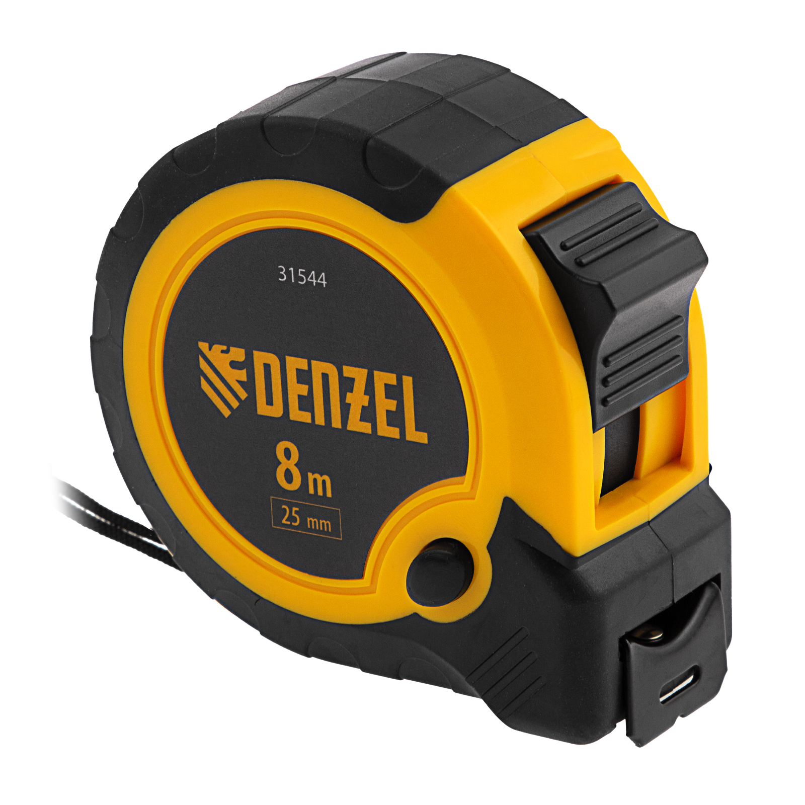 Рулетка 8м х 25мм, двухкомп. корпус, кнопка-пауза Denzel (31544)