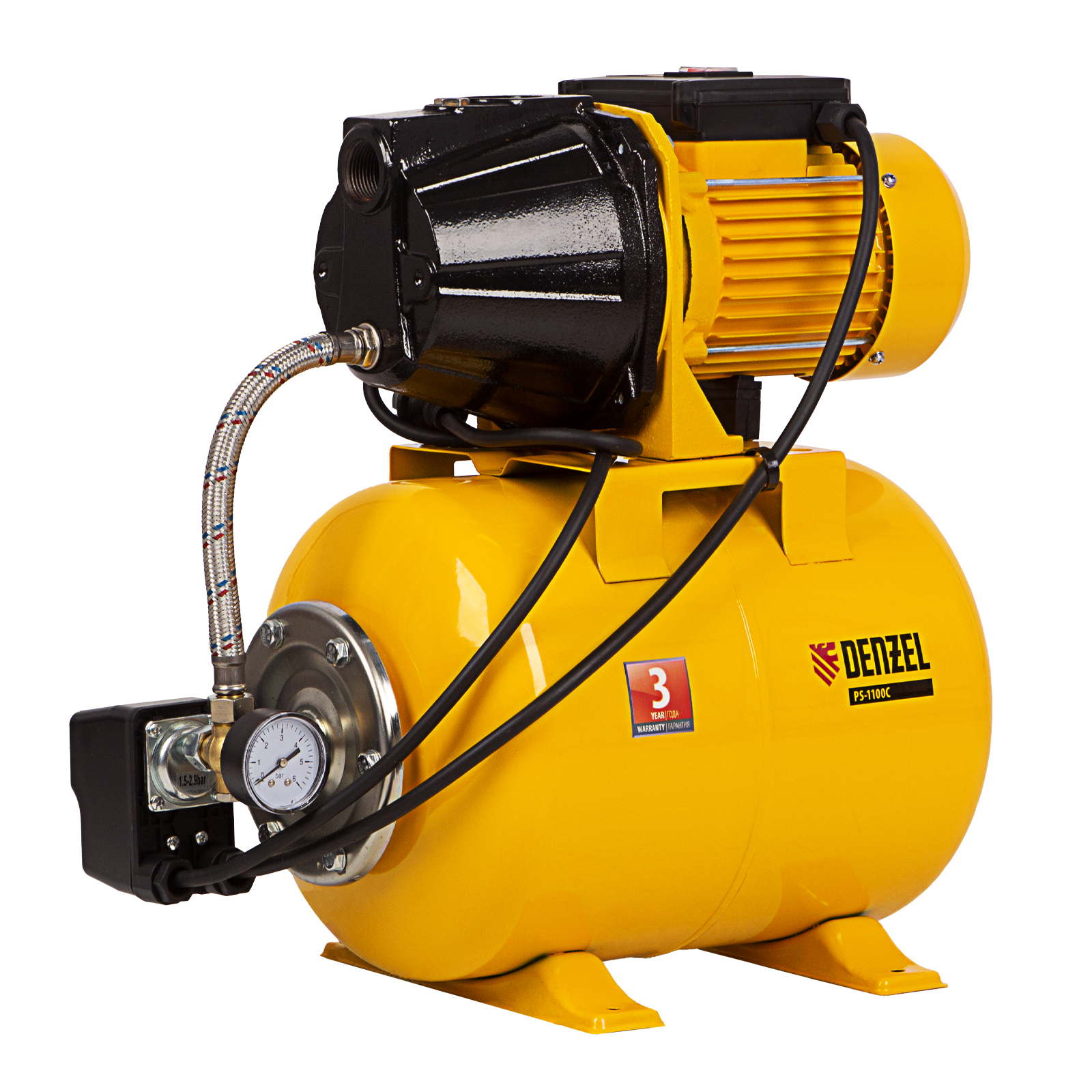 Насосная станция PS1100С, 1100 Вт, 4500 л/ч, ресивер 24 л, подъем 46 м, чугун Denzel (97215)