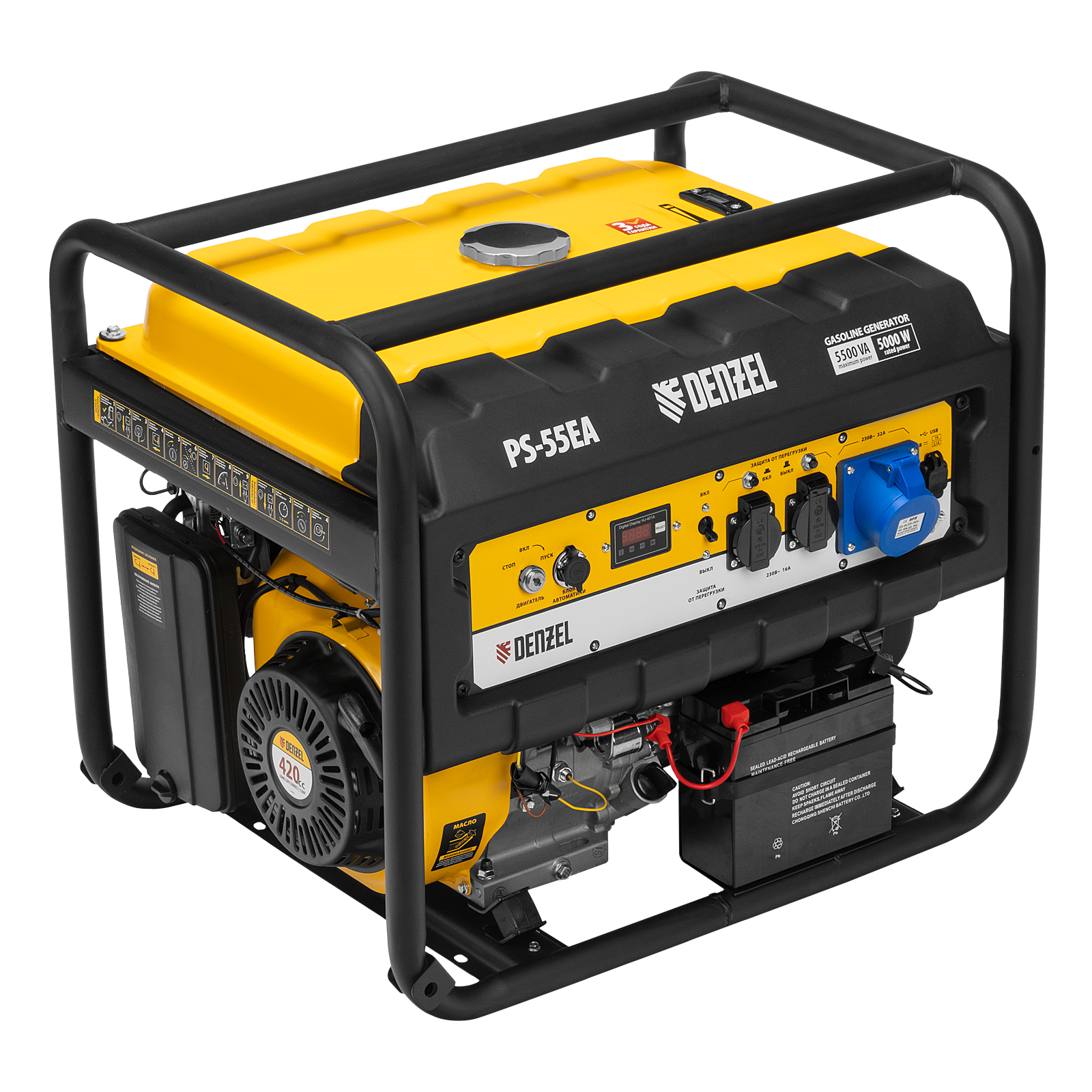 Генератор бензиновый PS 55 EA, 5.5 кВт, 230 В, 25 л, коннектор автоматики, электростартер Denzel (946874)