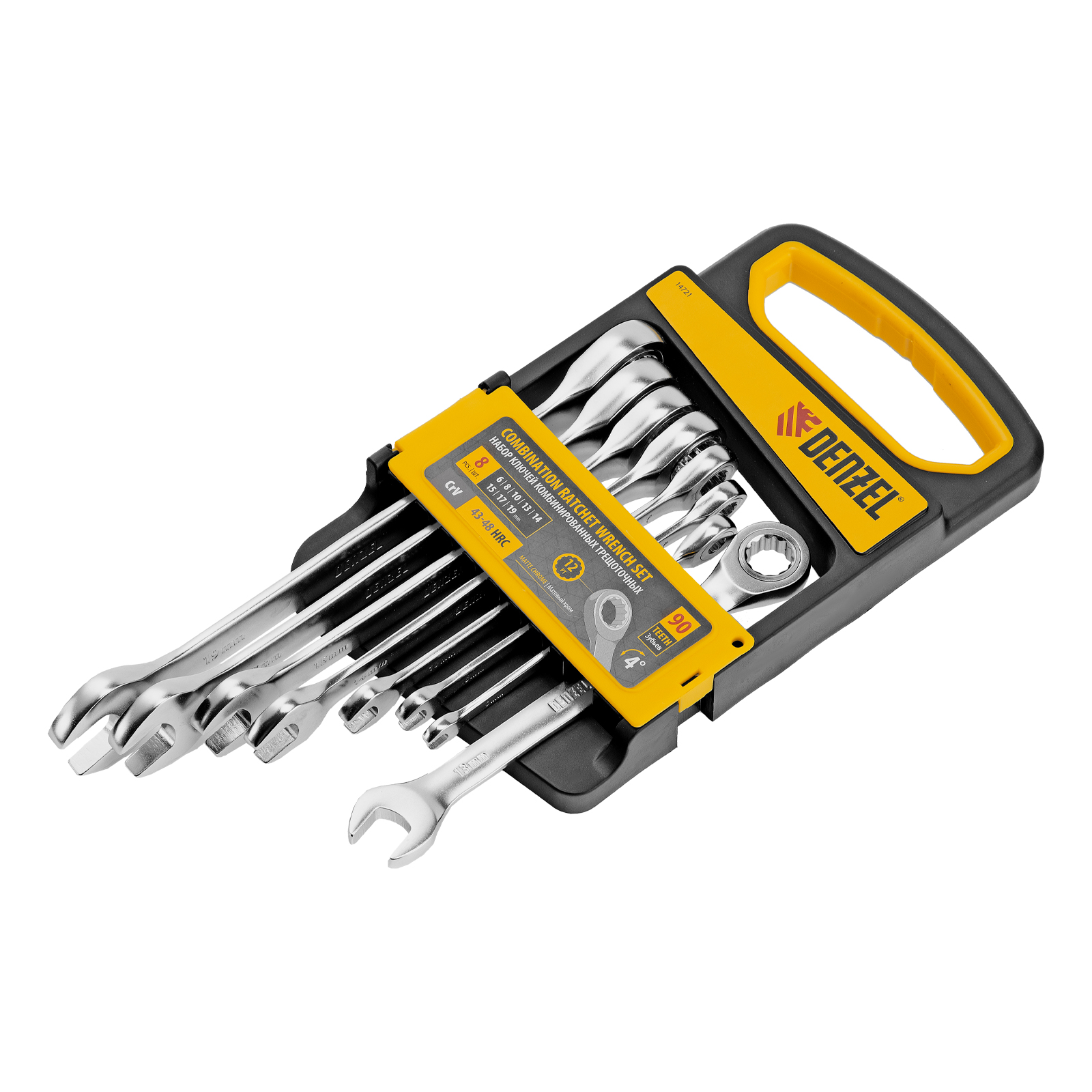 Набор ключей комбинированных трещоточных 6-19 мм, 8 шт., CrV, матовый хром Denzel (14721)