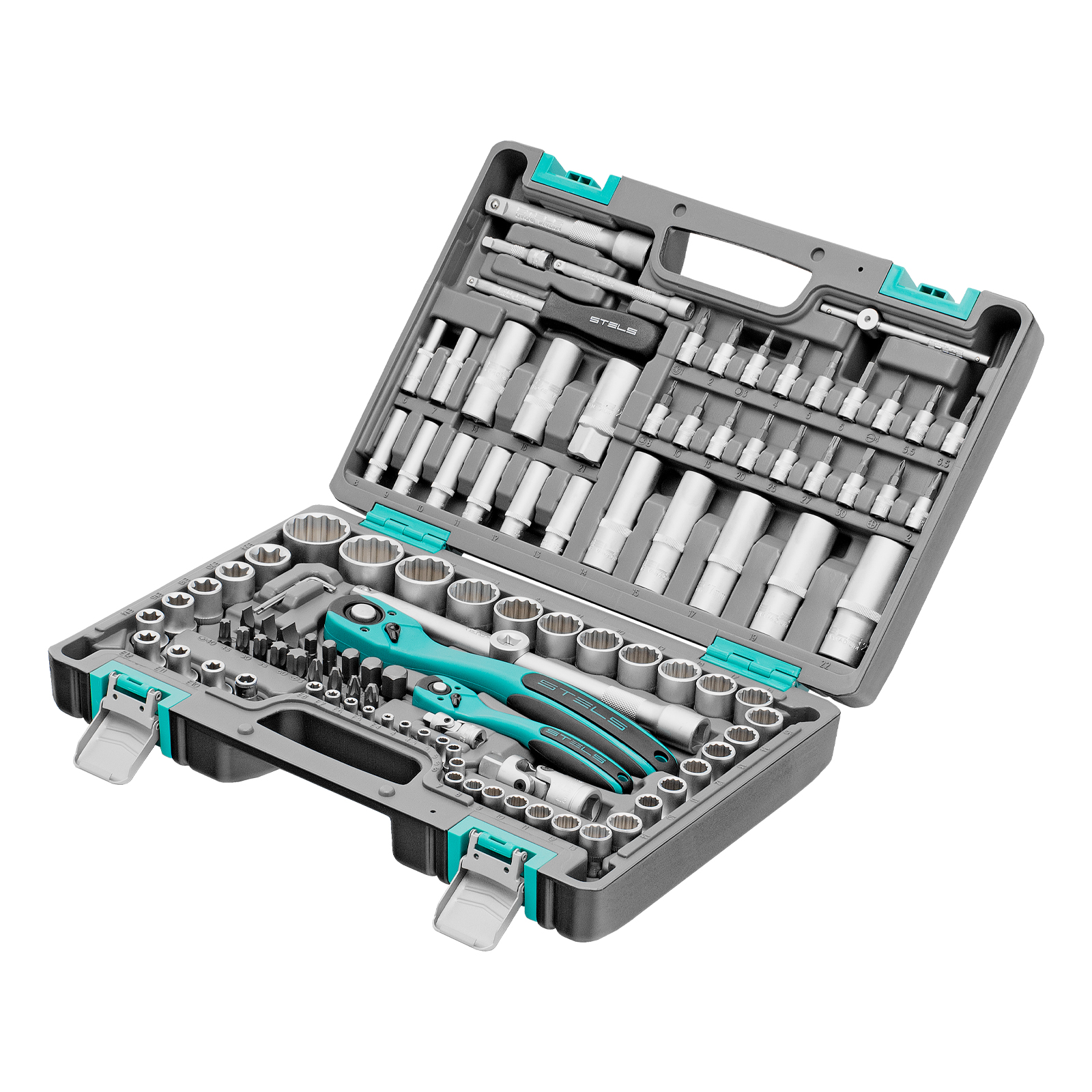 Набор инструментов 1/2", 1/4", CrV, 12 гранные головки, пластиковый кейс, 109 предмета Stels (14122)