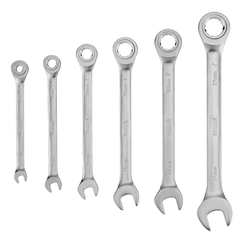 Набор ключей комбинированных трещоточных 6-17 мм, 6 шт., CrV, матовый хром Denzel (14720)