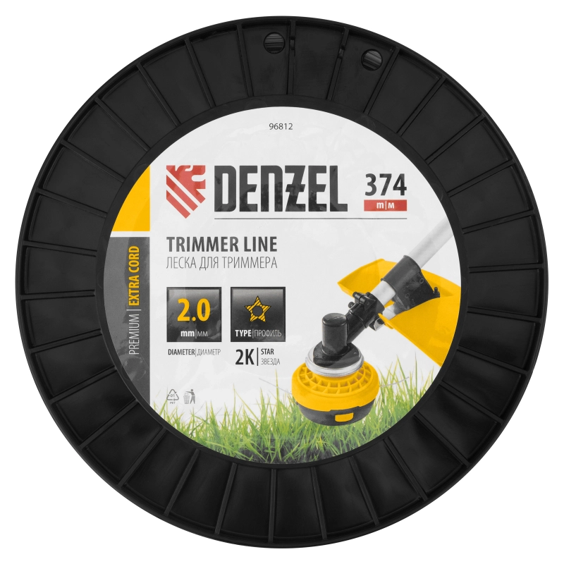 Леска для триммера двухкомпонентная звезда, 2,0мм х 374м, на DIN катушке EXTRA CORD Denzel (96812)