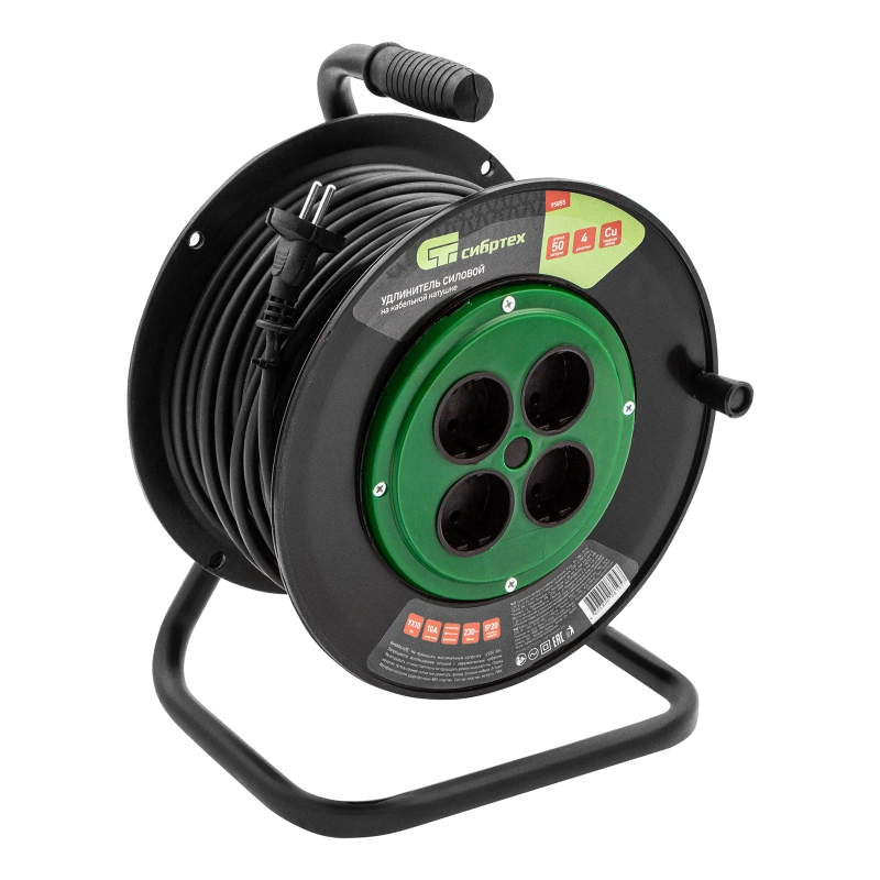 Удлинитель силовой 50 м, 10А, тип УХ10, ПВС, на кабельной катушке, 4 розетки без заземления Сибртех (95855)