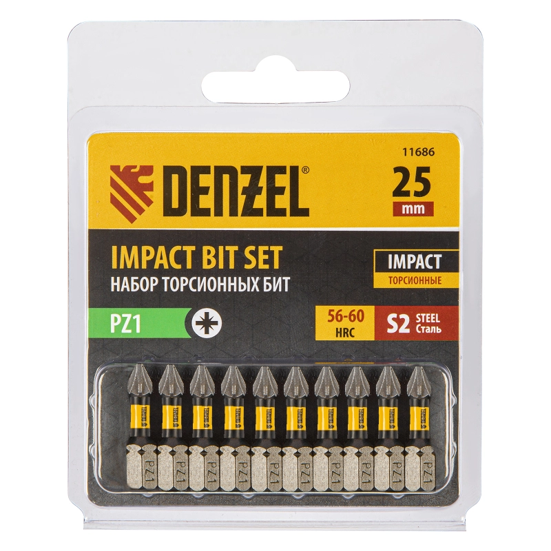 Бита IMPACT, PZ1x25 мм, лазерная обработка шлица, сталь S2, 10 шт., Е 6,3 Denzel (11686)