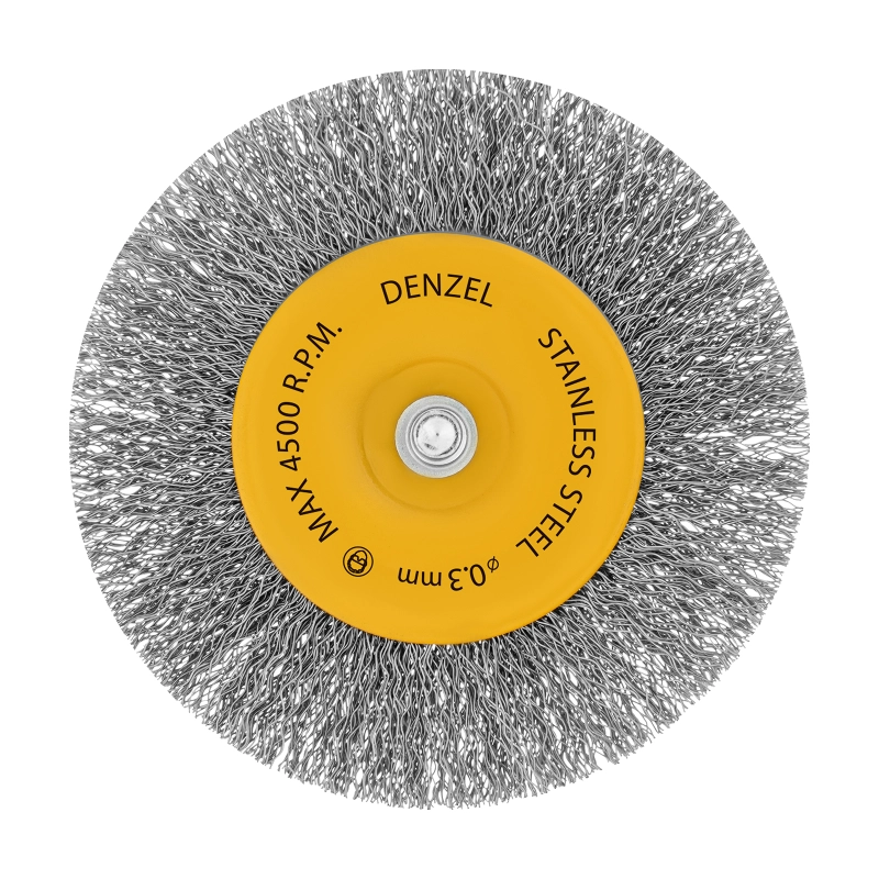 Щетка для дрели 100 мм, Плоская, со шпилькой, нержавеющая витая проволока Denzel (744793)