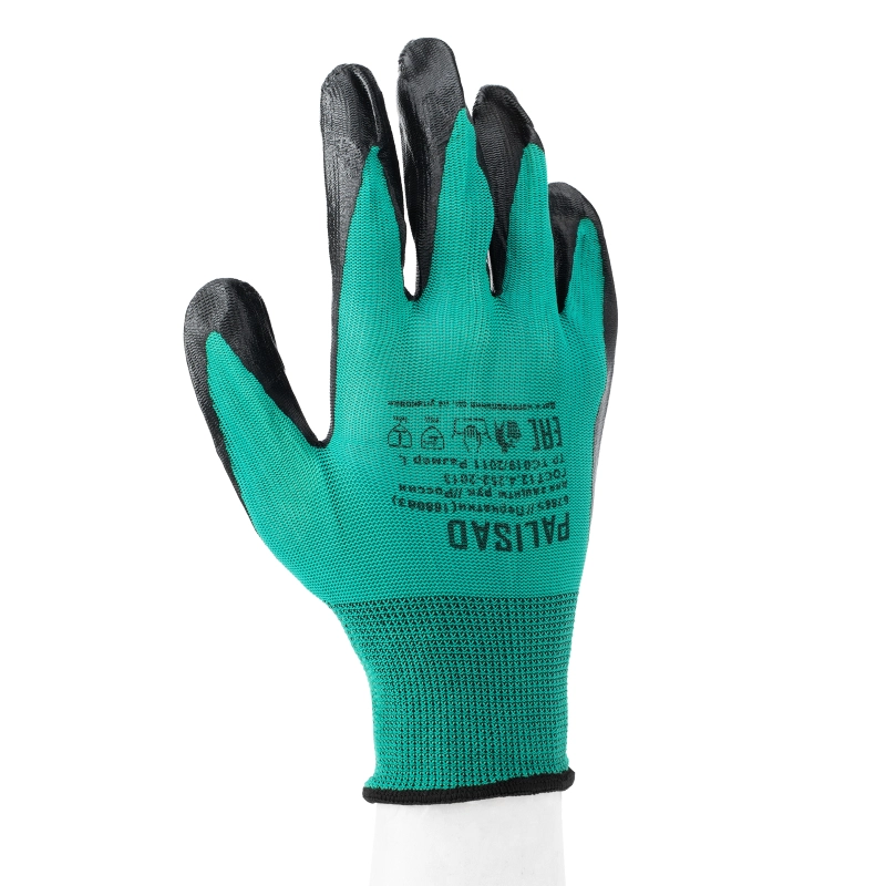 Перчатки полиэфирные с черным нитрильным покрытием маслобензостойкие, L, 15 класс вязки Palisad (67865)