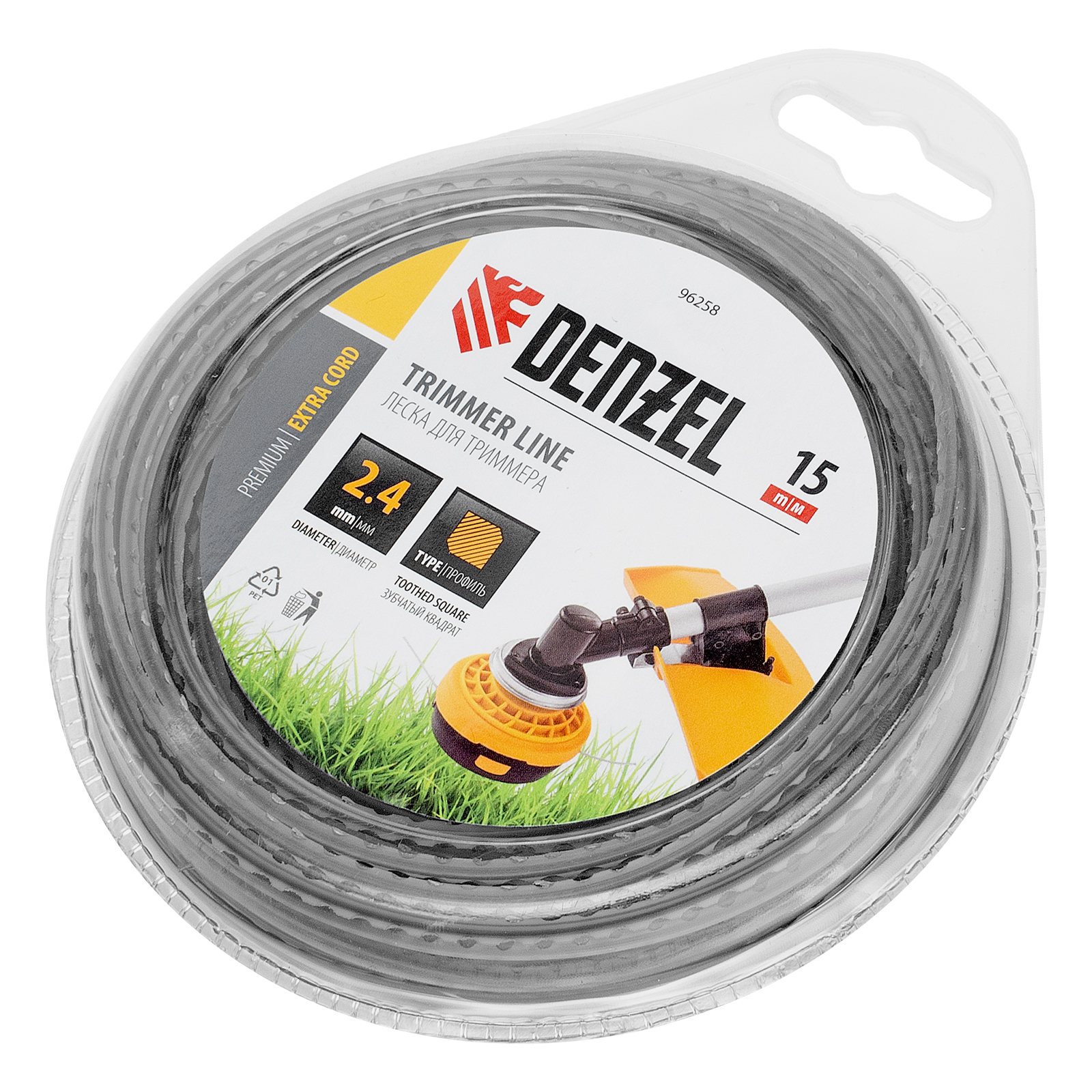 Леска для триммера двухкомпонентная зубчатый квадрат, 2,4мм х 15м, блистер EXTRA CORD, Denzel (96258)