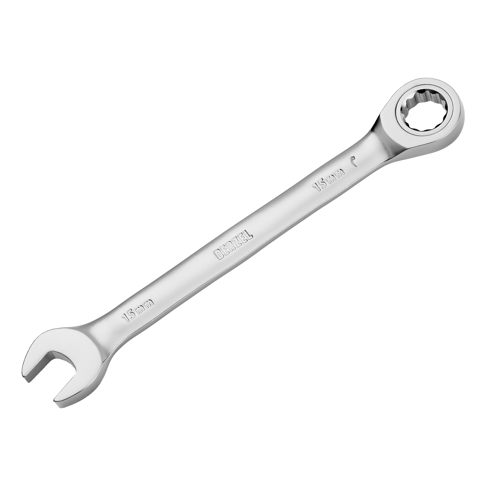 Ключ комбинированный трещоточный, 15 мм, CrV, матовый хром Denzel (14709)