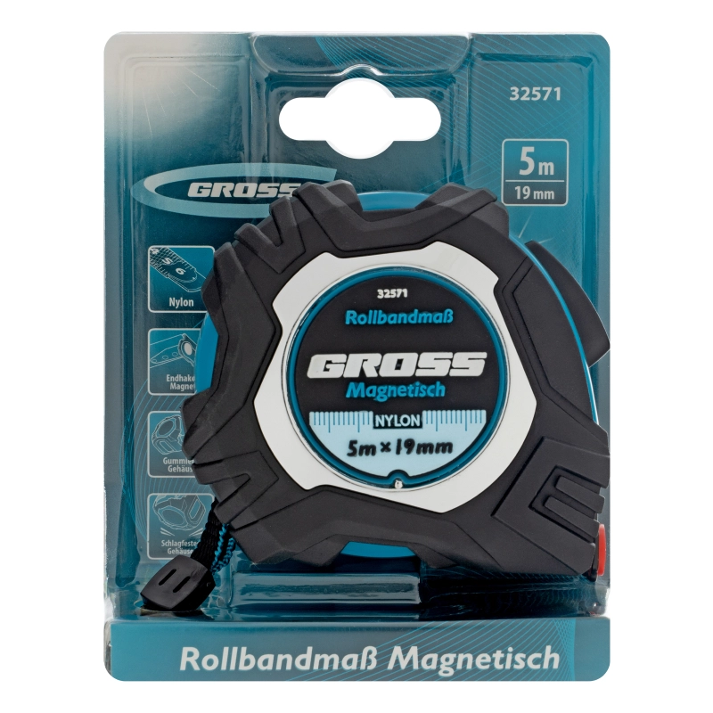 Рулетка Magnetisch 5 м х 19 мм,обрезиненный корпус,автоматическая фиксация,Нейлоновое покрытиеытие,зацеп с магнитом Gross (32571)