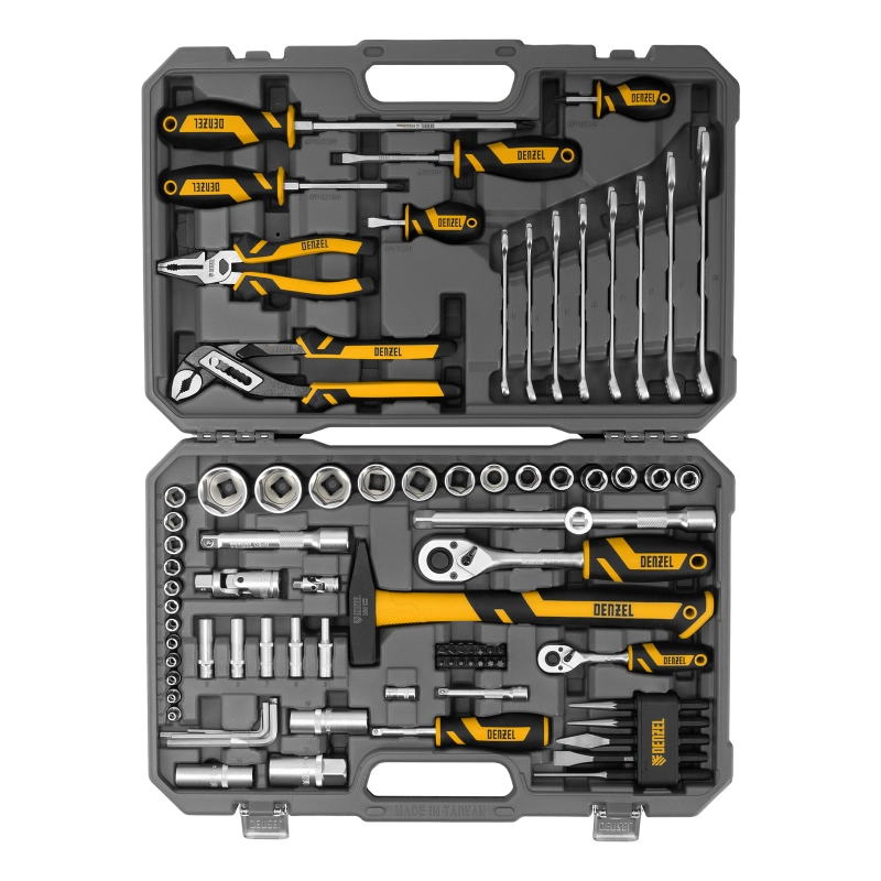 Набор инструментов, 1/2", 1/4", CrV, S2, пластиковый кейс, 84 предмета Denzel (15802)