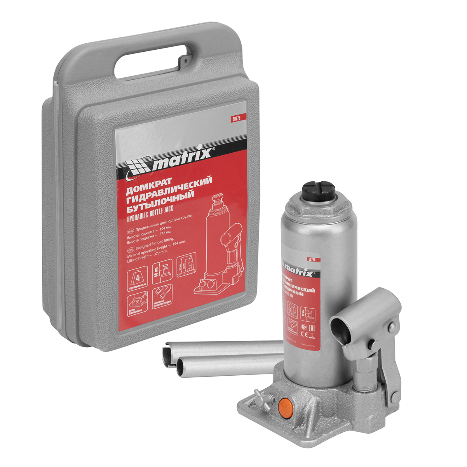 Домкрат гидравлический бутылочный, 4 т, h подъема 194-372 мм, в пластиковом кейсе Matrix (50775)