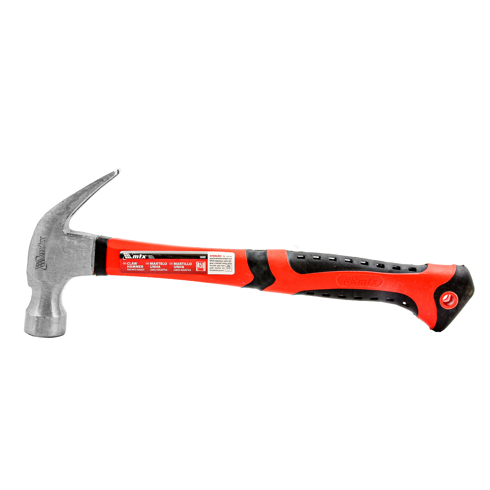 Молоток-гвоздодер, 450 г, боек c магнитом, фибергласовая обрезиненная рукоятка// MTX (104469)