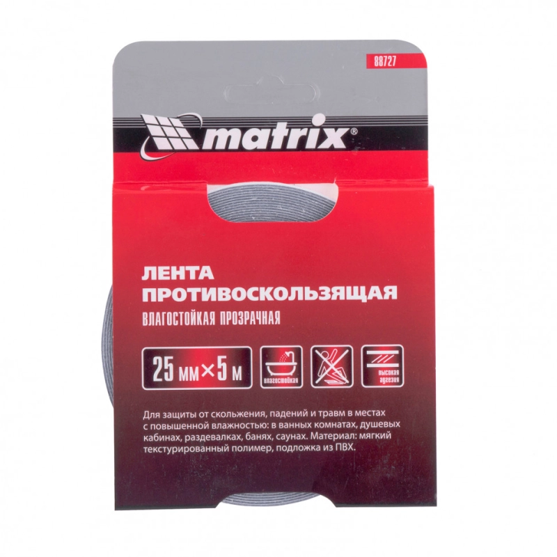 Лента противоскользящая влагостойкая, прозрачная 25 мм х 5 м Matrix (88727)