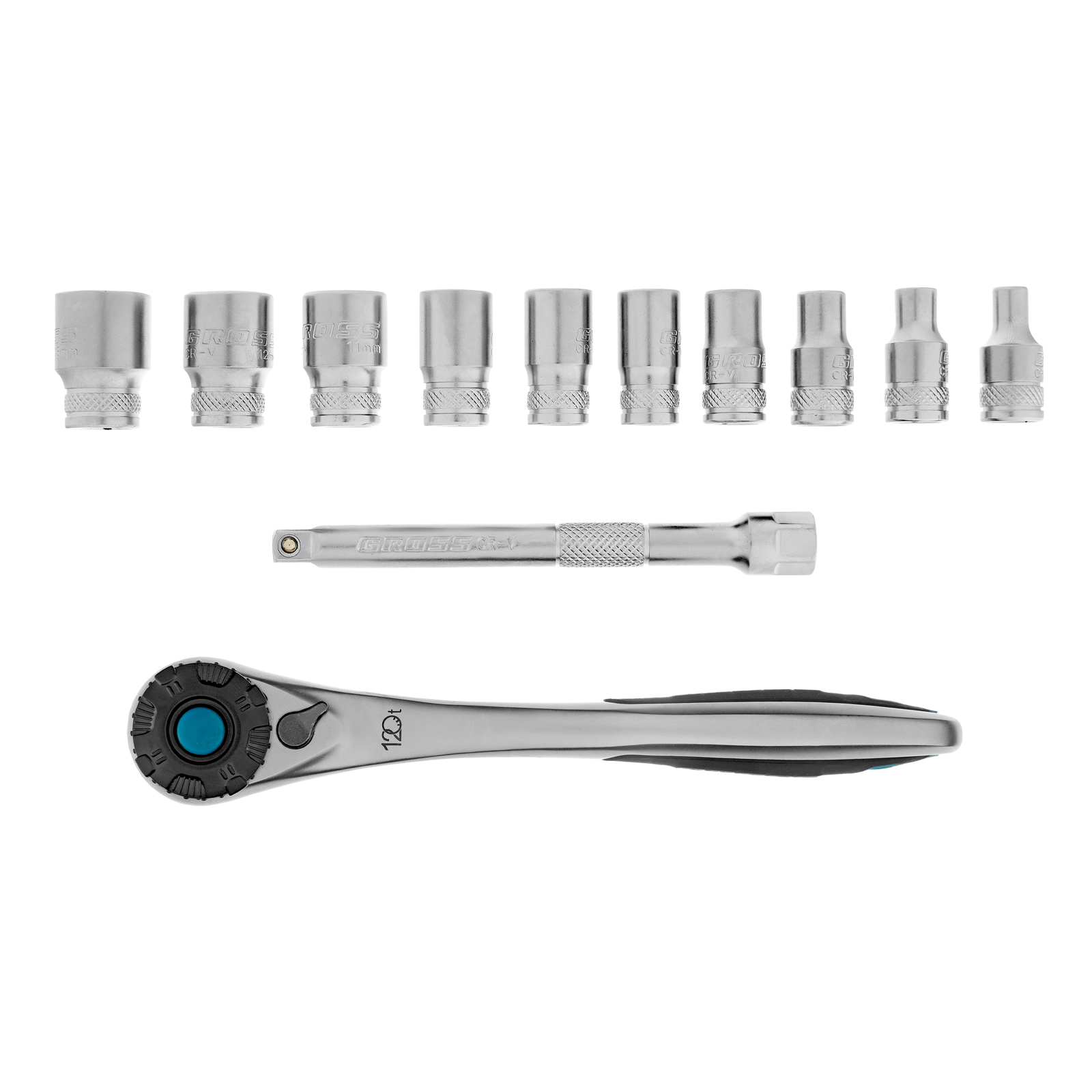 Набор торцевых головок, трещотка 120 зубьев, 1/4", CrV, 12 предметов Gross (14141)