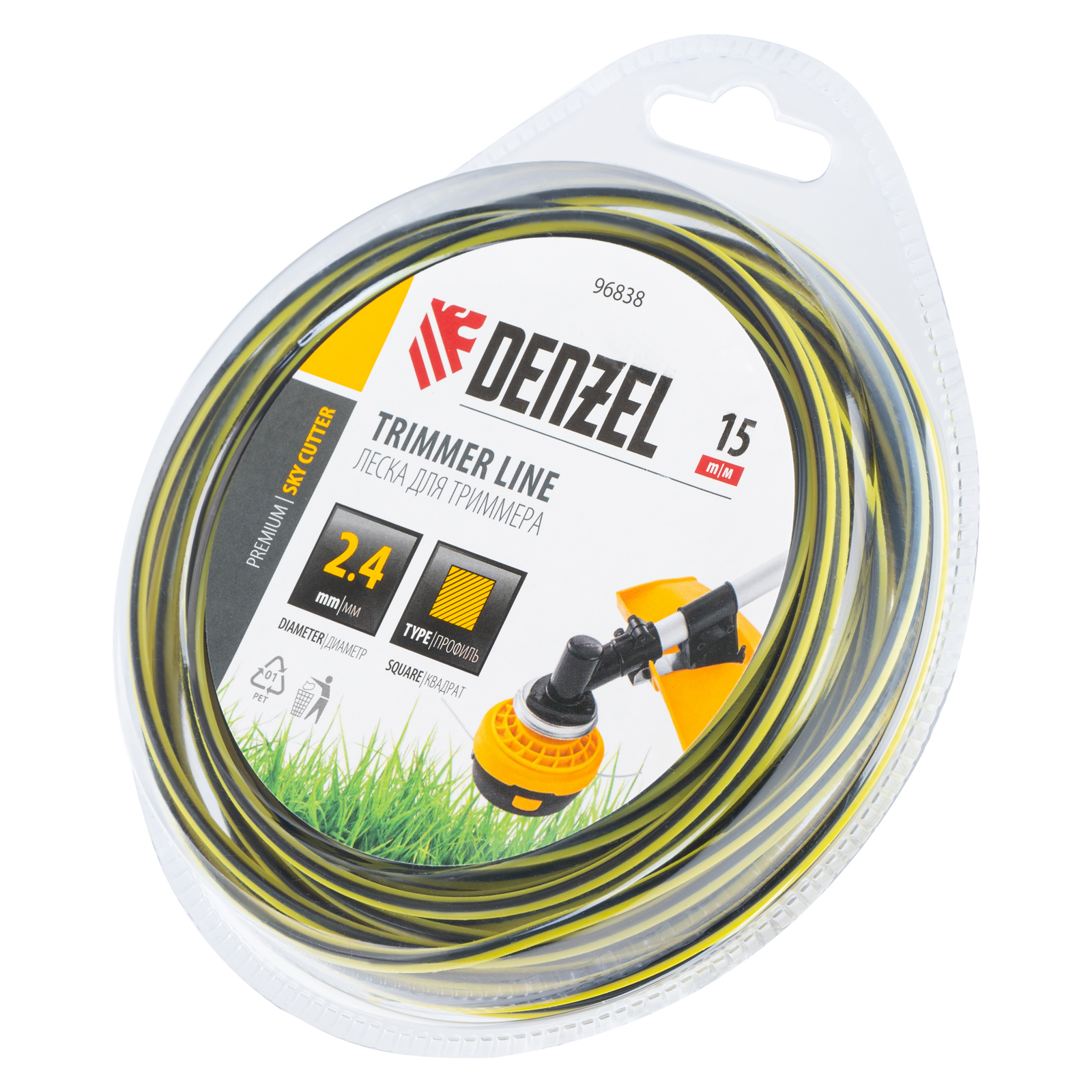 Леска для триммера двухкомпонентная квадратная, 2,4мм х 15м, блистер SkyCutter Denzel (96838)