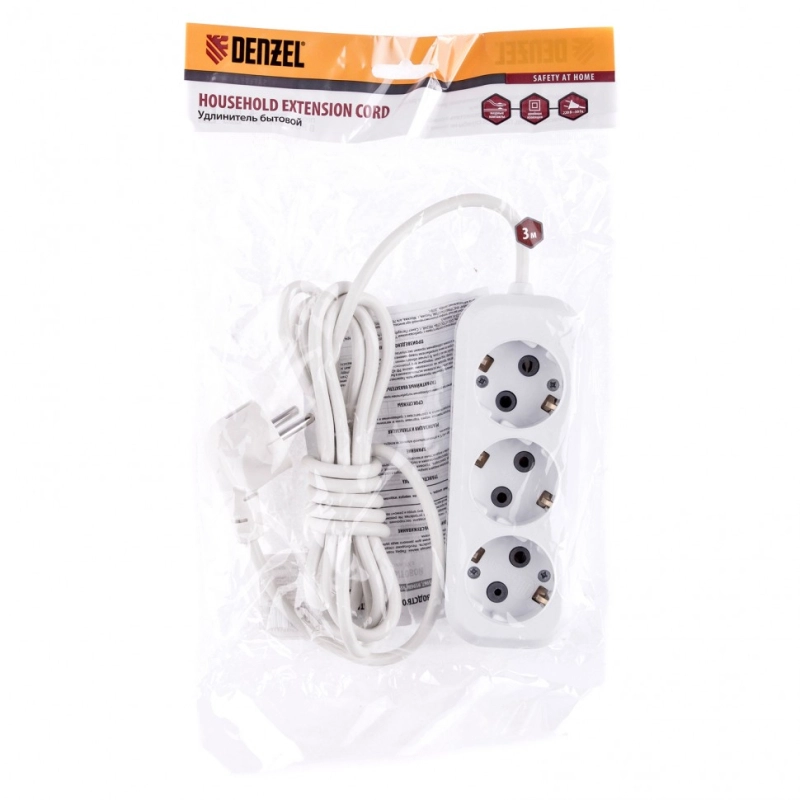 Удлинитель бытовой, серия УХз-10-303, с заземлением, 3 м, 3 розетки, 10 A Denzel (95966)