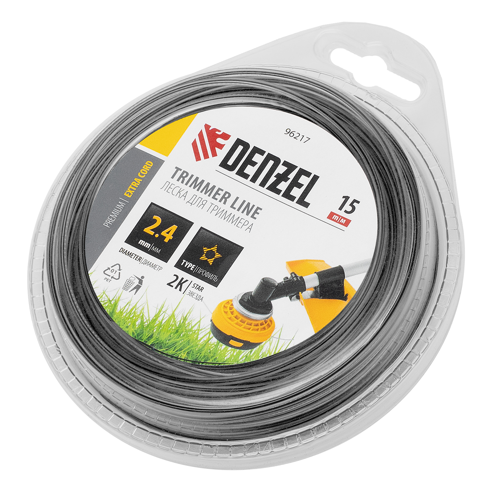 Леска для триммера двухкомпонентная звезда, 2,4мм х 15м, блистер EXTRA CORD, Denzel (96217)