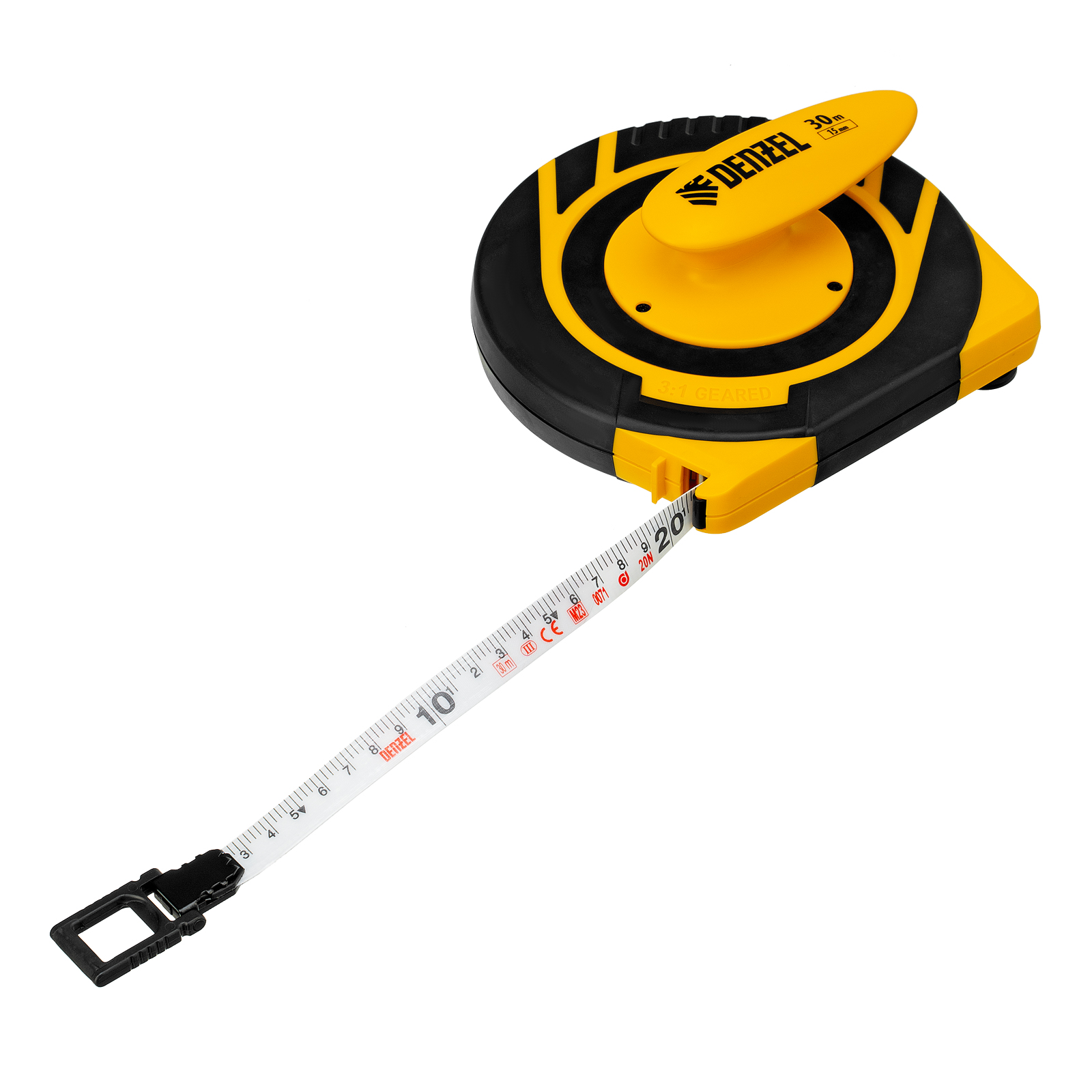 Рулетка геодезическая 30 м х 15 мм, закрытый корпус, фиберглассовая лента Denzel (31291)
