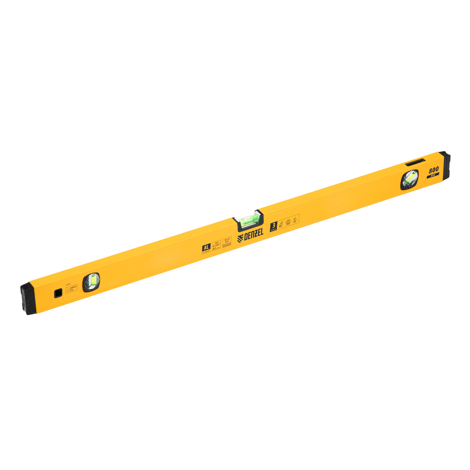Уровень алюминиевый, магнит, фрезерованный, 3 глазка (1 зеркал.) 0,5 мм/м, 800 мм Denzel (33692)