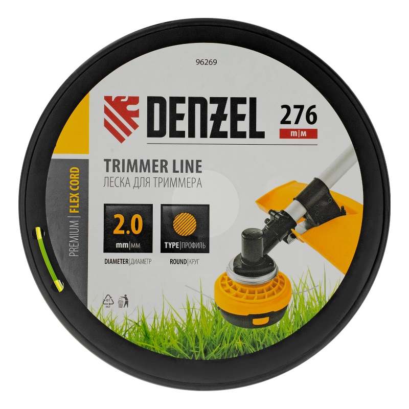 Леска для триммера круглая, 2,0мм х 276м, на DIN катушке FLEX CORD,  Denzel (96269)
