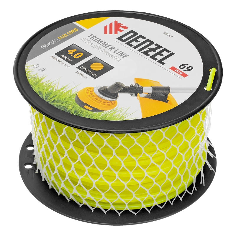 Леска для триммера круглая, 4,0мм х 69м, на DIN катушке FLEX CORD,  Denzel (96283)