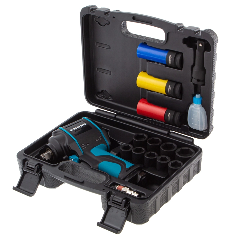 Гайковерт пневматический ударный G985K2, 1/2, 610Нм 9000 об/мин, с набором 17 предметов Gross (57445)