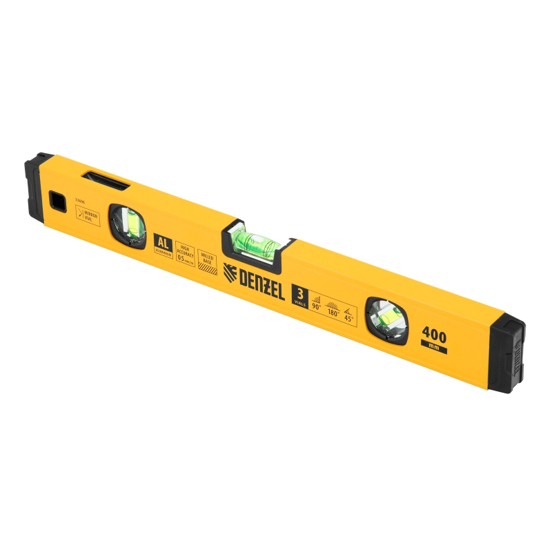 Уровень алюминиевый, магнит., фрезерованный, 3 глазка (1 зеркал.) 0,5 мм/м, 400 мм Denzel (33690)