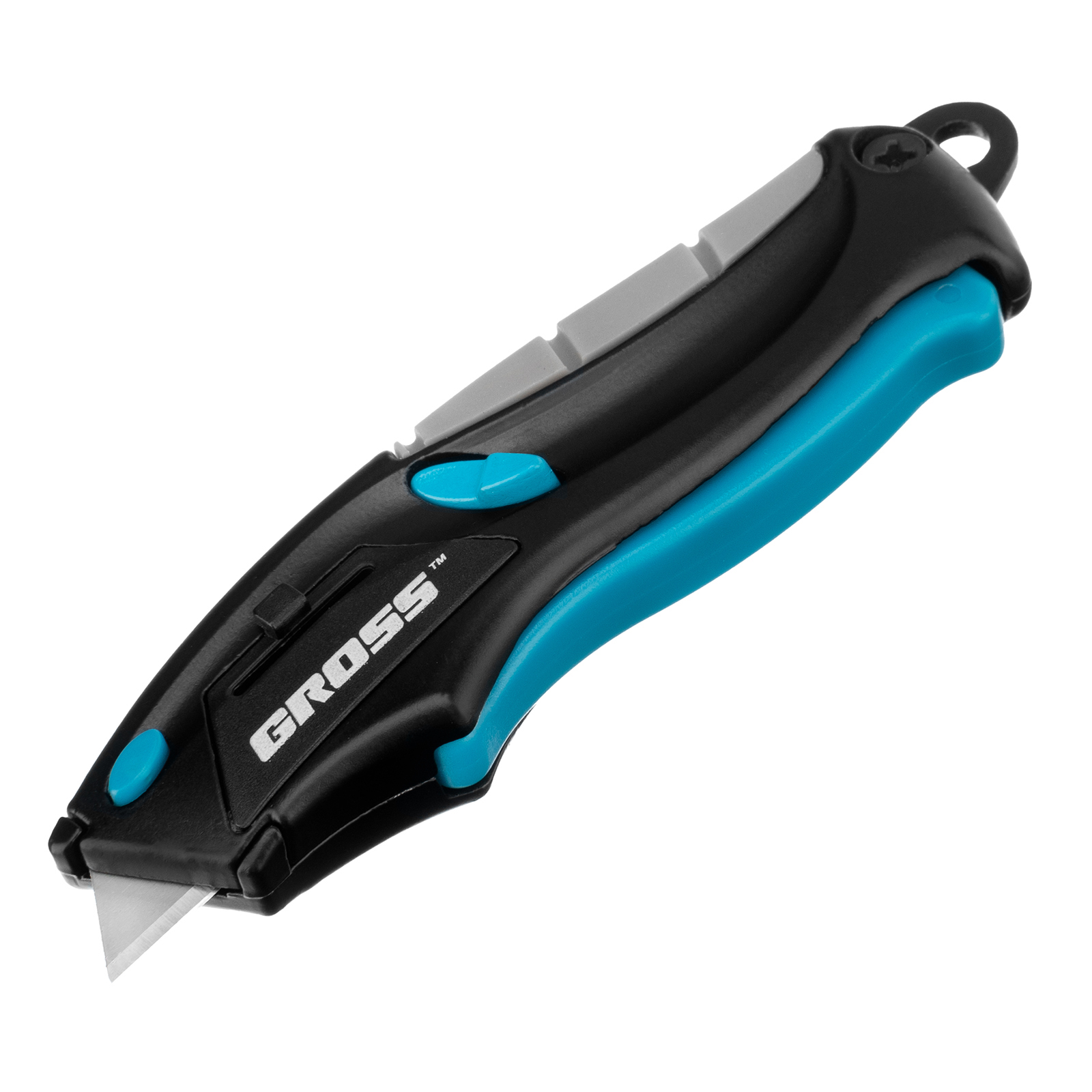 Нож ремонтно-монтажный мини, трехкомпонентная рукоятка, авто выброс, возврат лезвия, 100 мм, 2 запасных лезвия Gross (78873)