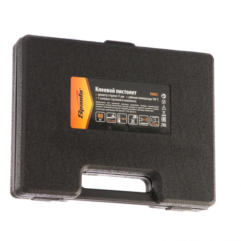 Клеевой пистолет с выключателем 12 мм в кейсе, 80 Вт, 6 г/мин Sparta (93033)