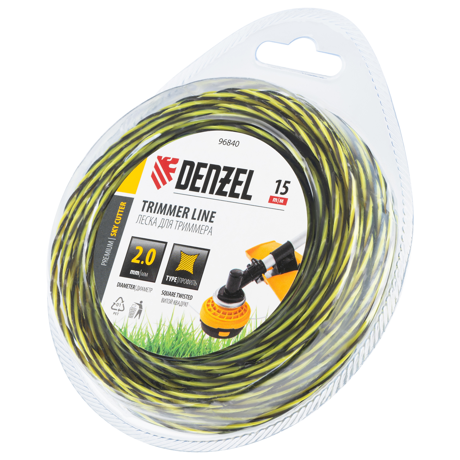 Леска для триммера двухкомпонентная витая квадратная, 2,0мм х 15м, блистер SkyCutter Denzel (96840)