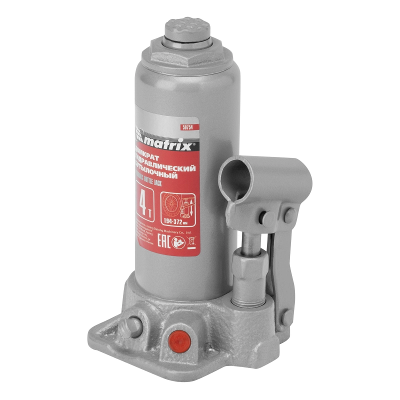 Домкрат гидравлический бутылочный, 4 т, высота подъема 194-372 мм, в пластиковый кейсе Matrix (50754)