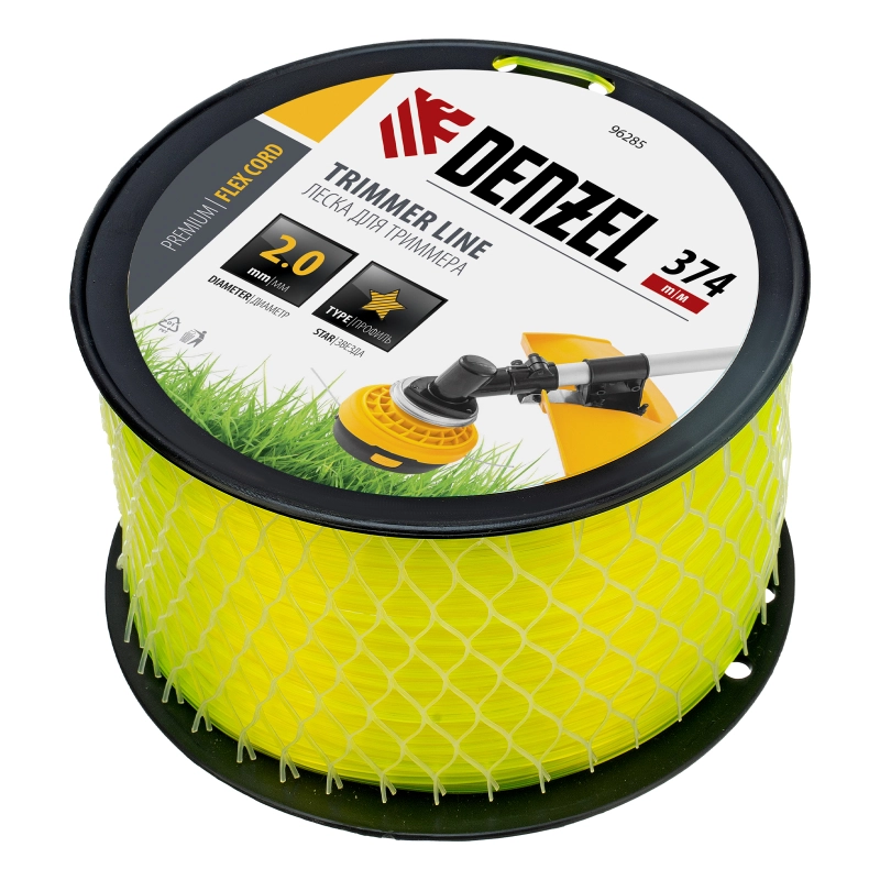 Леска для триммера звезда, 2,0мм х 374м, на DIN катушке FLEX CORD,  Denzel (96285)