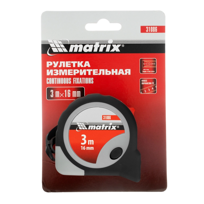 Рулетка Continuous fixation,3 м х 16 мм,двухкомпонентный корпус,плавная фиксация Matrix (31086)