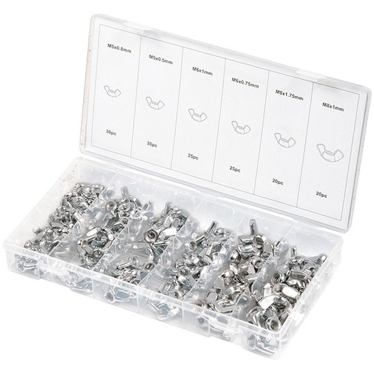 Набор гаек: М5 х 0.5, М5 х 0.8, М6 х 0.75, М6 х 1, М8 х 1, М8 х 1.75 мм, с "барашком", 150 предметов Сибртех (47606)