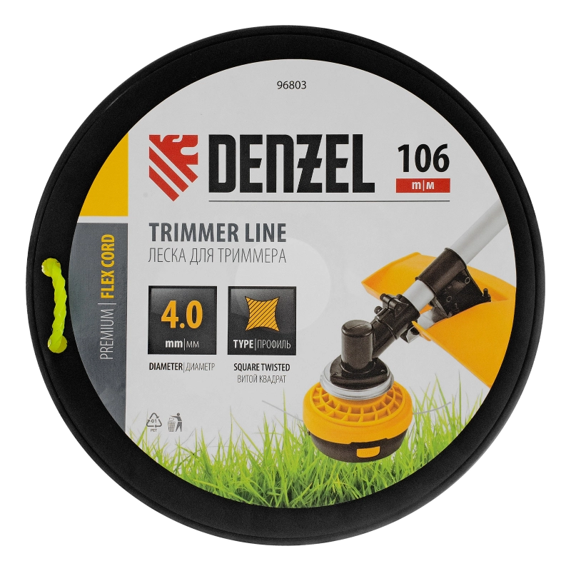 Леска для триммера витой квадрат, 4,0мм х 106м, на DIN катушке FLEX CORD Denzel (96803)
