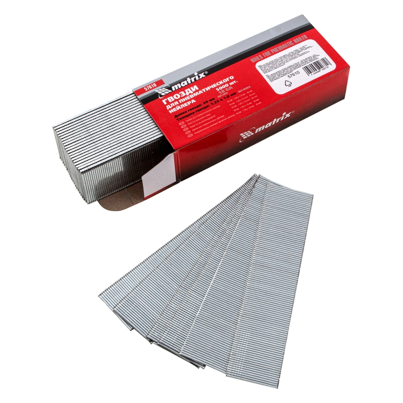 Гвозди для пневматического нейлера, длина 30 мм, ширина 1.25 мм, толщина 1 мм, 5000 шт Matrix (57610)